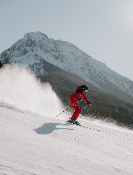 Bergwipfel, Skipisten und W&auml;lder.
